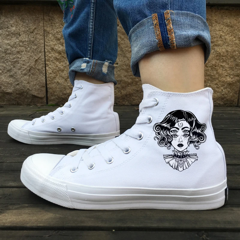 

Wen High Top White Skate Shoes 4 Eyes Special Art Lady Original Design Female Canvas Shoes Black Male Sneakers Sports Plimsolls