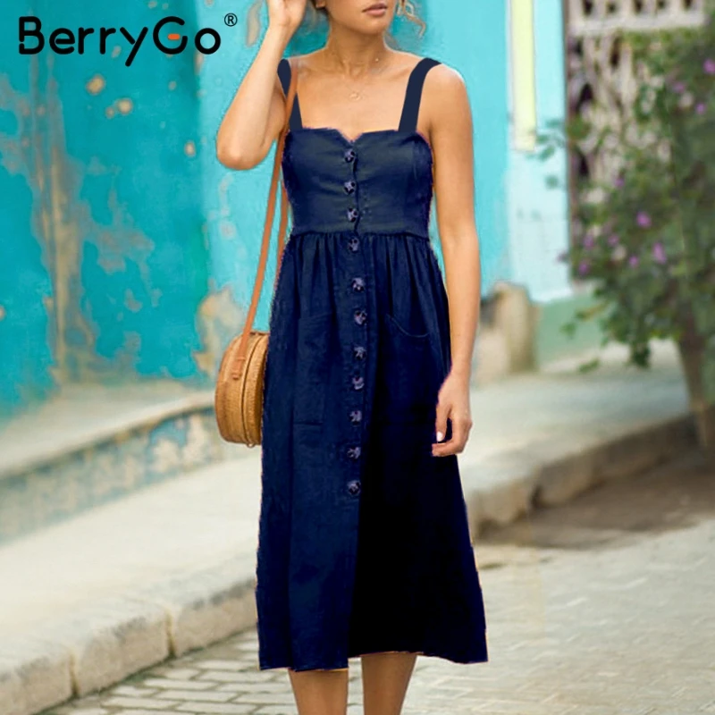 BerryGo Boho платья женское платье Кнопка миди плюс размер сплошной летний пляжный
