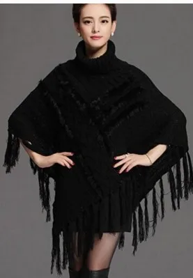 

SC52 2018 Autumn Winter High Neck Loose Faux Rabbit Fur Knitted Tassel Poncho Women Black Patchwork Knitted Square Coat