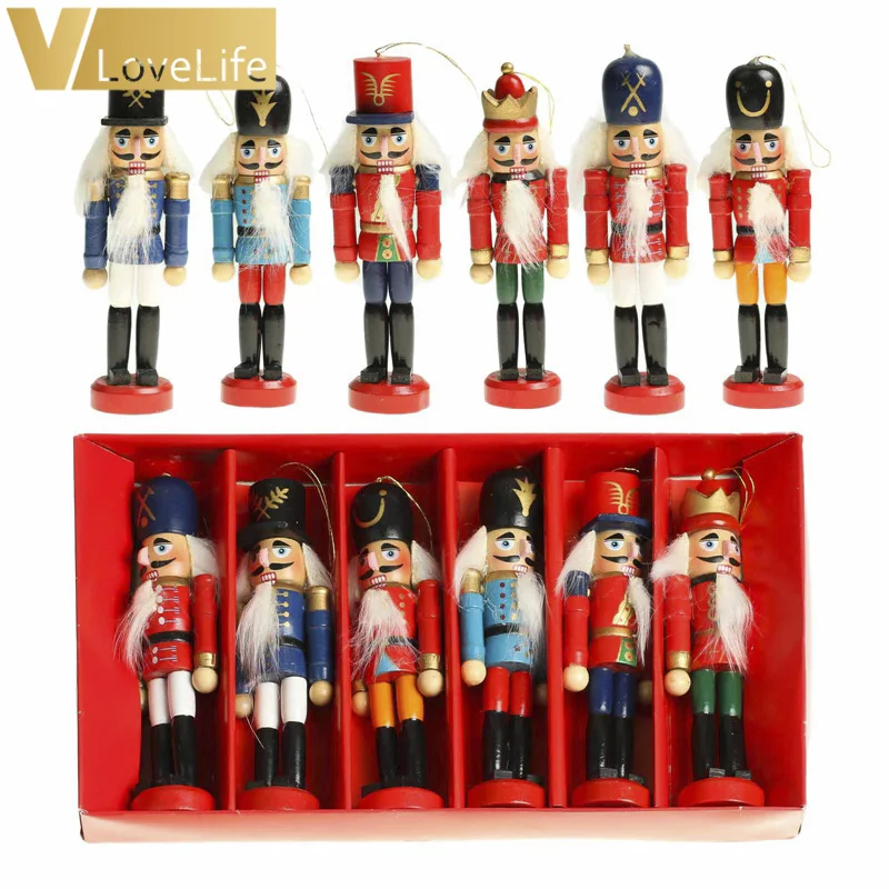 6Pcs Wooden Nutcracker Figurines Puppets Figures Dolls Christmas Tree Ornaments Xmas Gifts for Home Table Decorations | Дом и сад