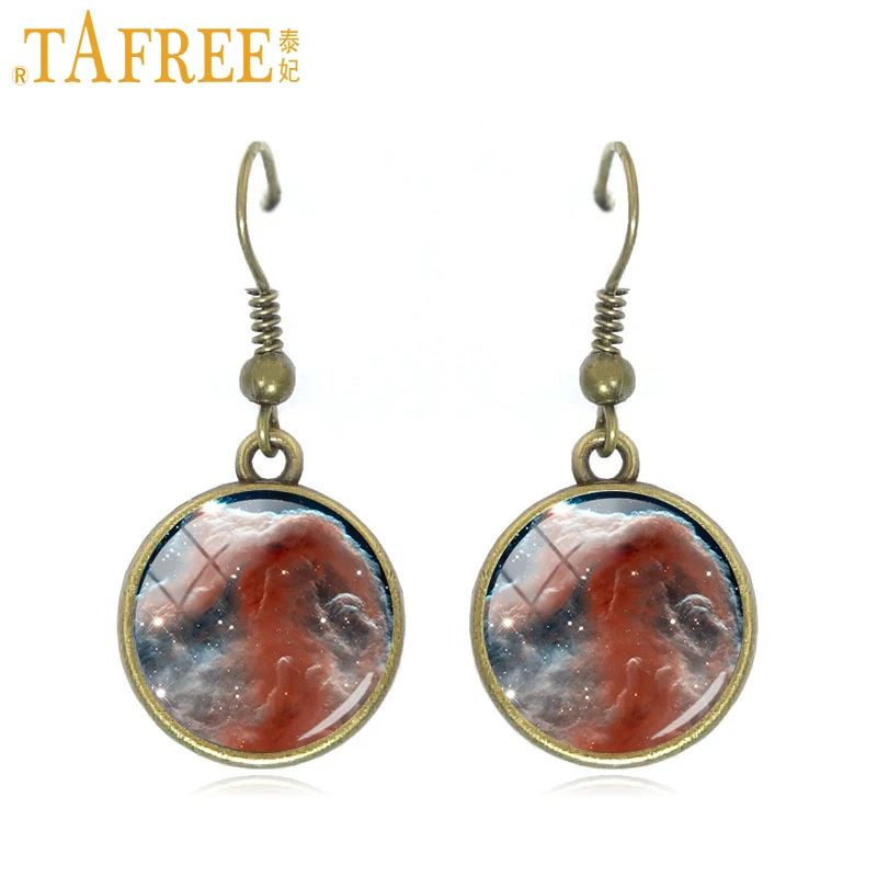TAFREE Galaxy Drop Earrings nebula dangle earrings solar system planet art picture glass round cabochon dome copper jewelry A328 | Украшения