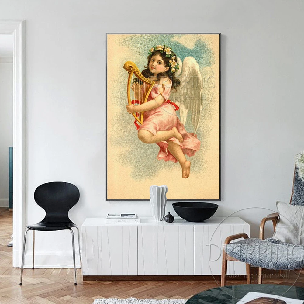 Luxury Artwork Hand-painted High Quality Vintage Religious Angel Oil Painting on Canvas Wall for Living Room |