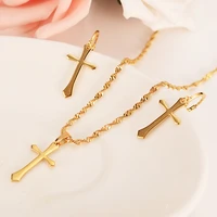 small cross necklace earrings set gold color catholic religious jewelry set christmas gift for women
