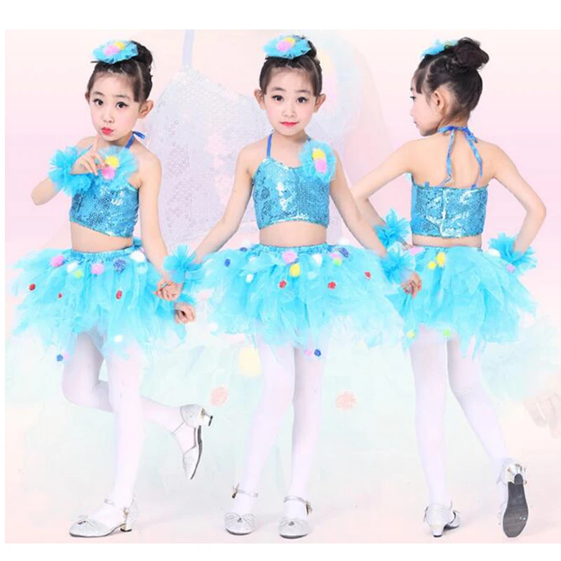 Kids Sequined Hip Hop Ballet dancewear costumes Girls Ballroom Party Tops+Skirt Jazz dance tutu dress performance dancing | Тематическая