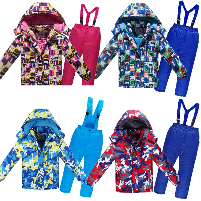 2020 Boys Ski Suits Fleece Hood Jackets Overalls Children Snow Suits Windproof Waterproof Sport Kids Outfits Warm Child Clothes