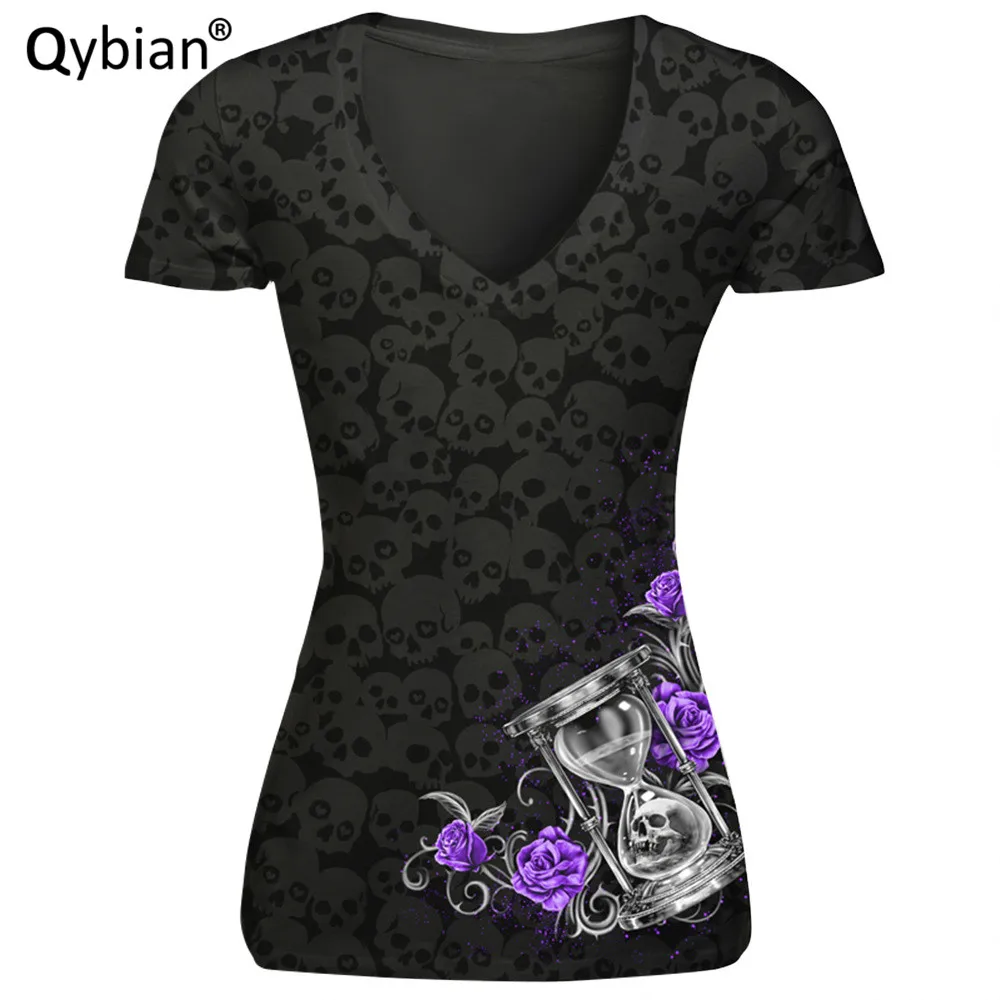 

Casual T-shirt Women T Shirt Personality funnel Black skull prints tees Elastic comfortable V-neck shirts women top tees
