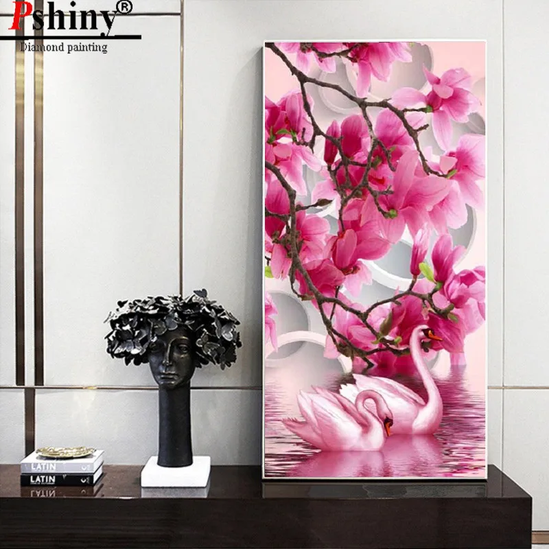 PSHINY DIY 5D алмазная картина полная дрель Круглая Мозаика розовый Лебедь животные