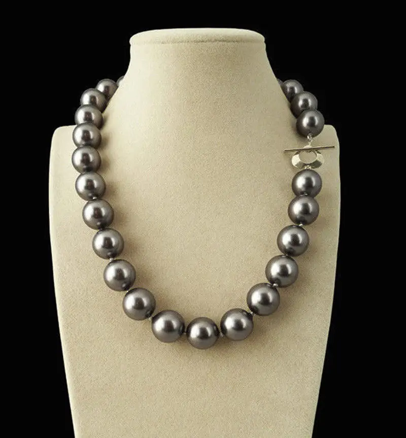Hot selling free shipping*******Rare Huge 14mm Genuine Dark Gray Round South Sea Shell Pearl Necklace 18'' AAA