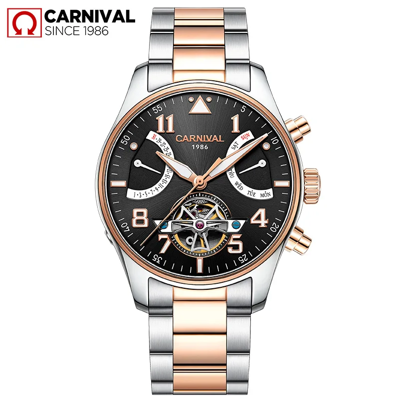 Gold Steel Black Карнавальный Скелет Sandblast механические мужские часы водонепроницаемые светящиеся из нержавеющей стали Tourbillion Montre TopBrand Роскошные relogio - Цвет: Gold Steel Black