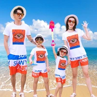 big eyes cartoon print family matching outfit children cotton short sleeved top and shorts suits brother sister fast dry pants