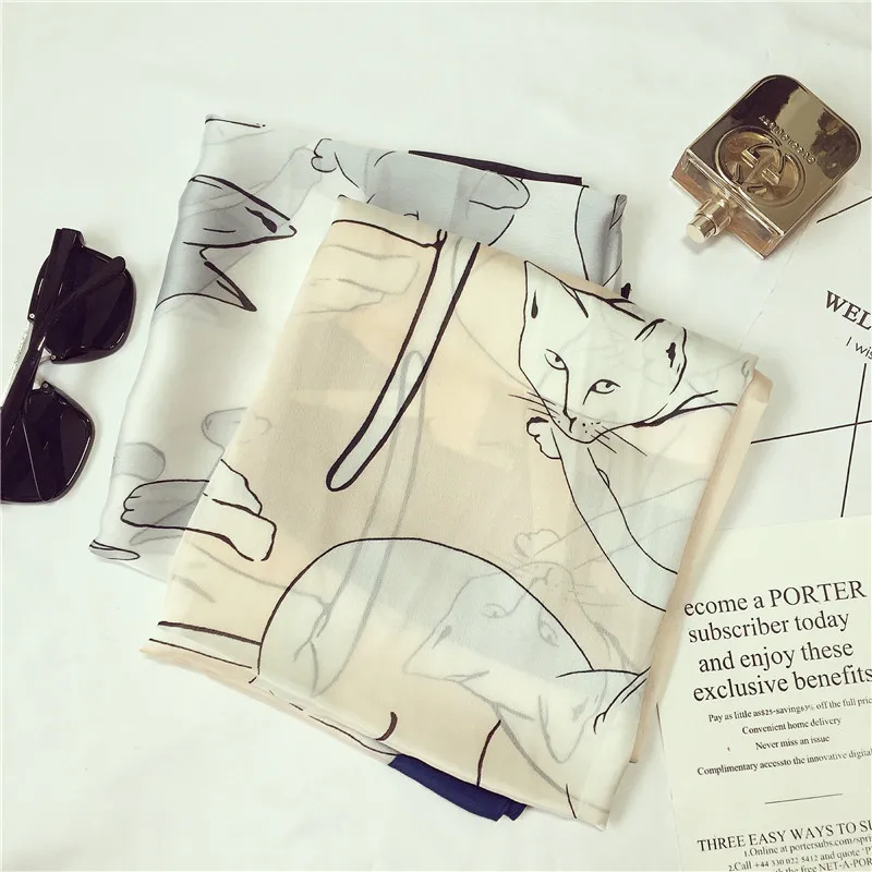 Для женщин чистого шелка кошачий шарф Элитный бренд Новинка для с модным принтом