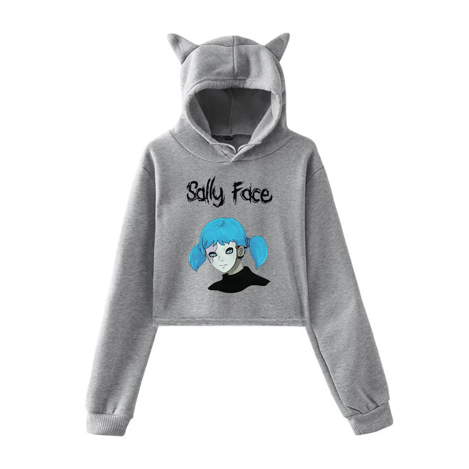 Новинка, милая Женская толстовка с капюшоном Sally face для девочек, кроп-топы с кошачьими ушами и принтом в виде глаз sally, укороченная толстовка с капюшоном в виде кошки, пуловер XXS-XXL