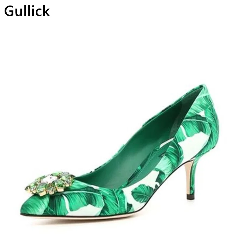 

Gullick Elegant Women Slip-On Crystal Flower Decoration Plantain Print Shoe Pointed Toe Gladiator Dress Pumps Big Size 43