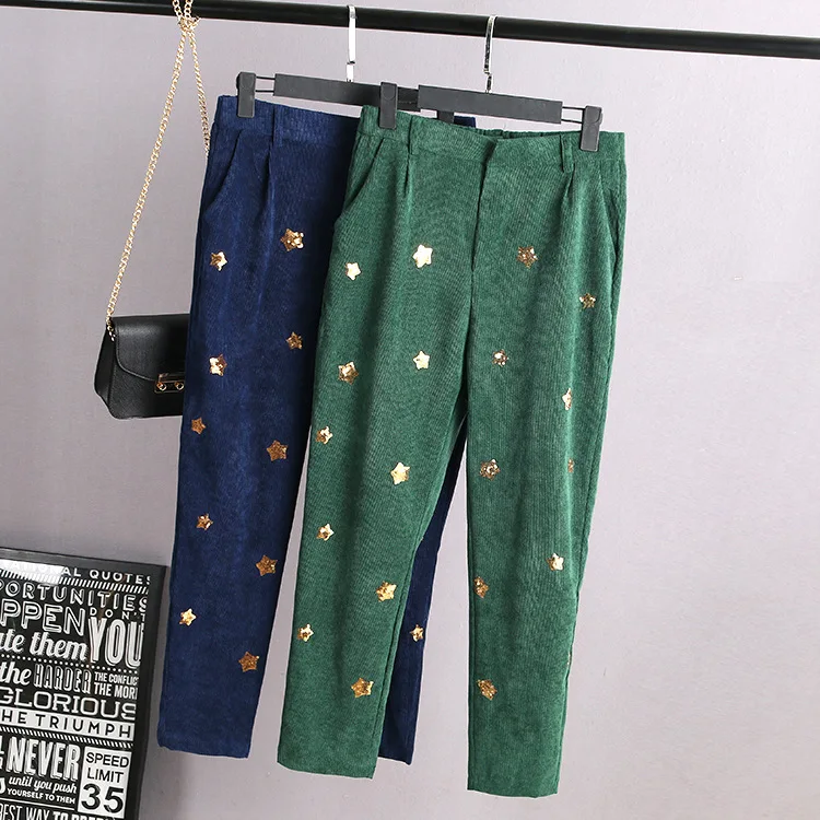 A0 Spring Casual Women Harem Pants 3XL Plus Size Clothes Bottoms Fashion Corduroy Loose sequin Trousers 2001 | Женская одежда