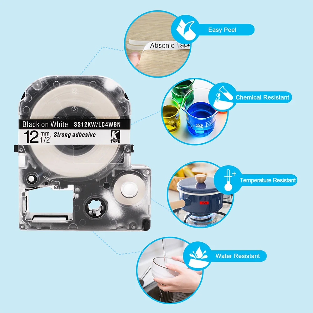 Absonic 1 шт. SS12KW LC-4WBN Подходит для epson labelwork LK лента Стандартный 12 мм черный на белом