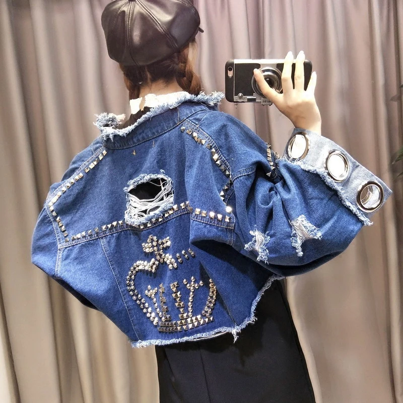 Ручной работы Бисер куртка рипы деталь Boyfriend Denim Куртка хип хоп Harajuku джинсовая