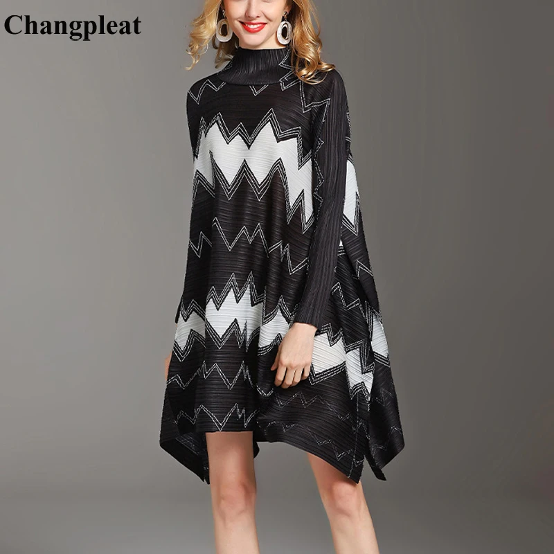 Changpleat/Новинка 2019 года весеннее платье с высоким воротником и длинными рукавами