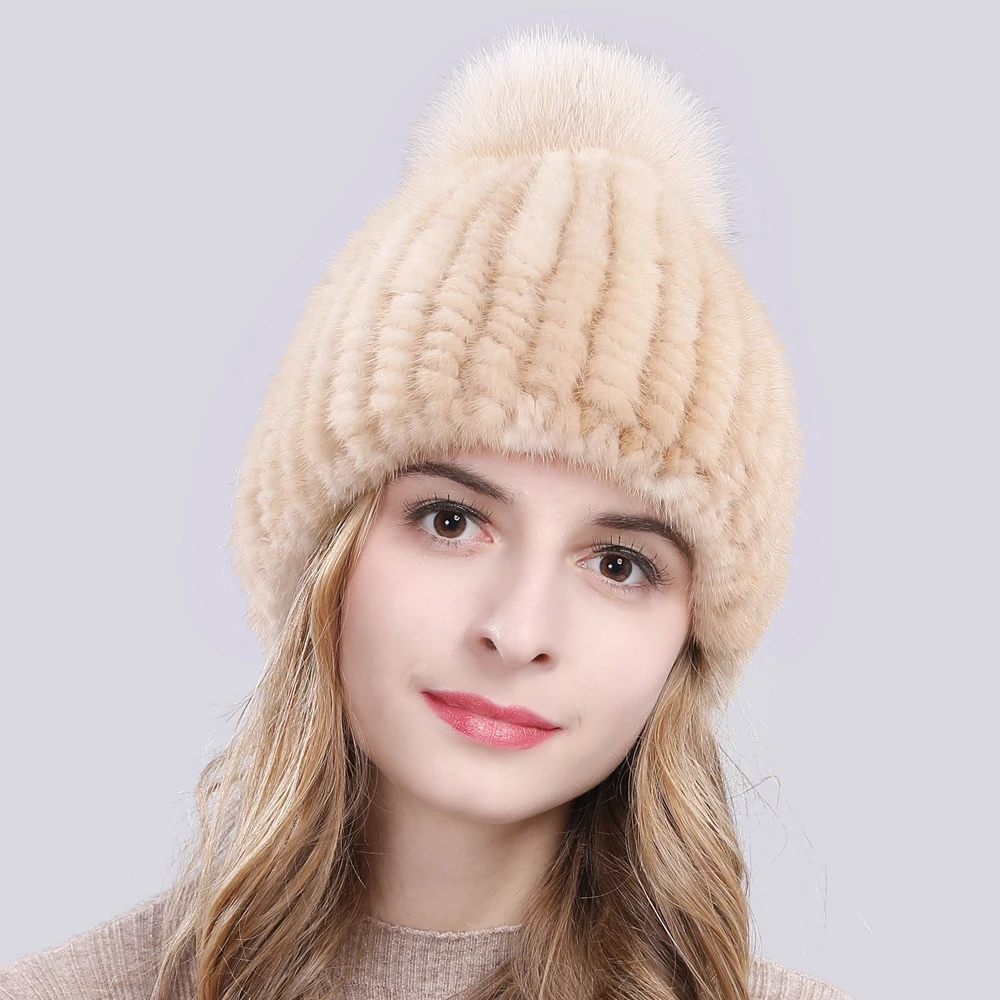 Русские милые зимние шапки из натурального меха норки шапка эластичные вязаные