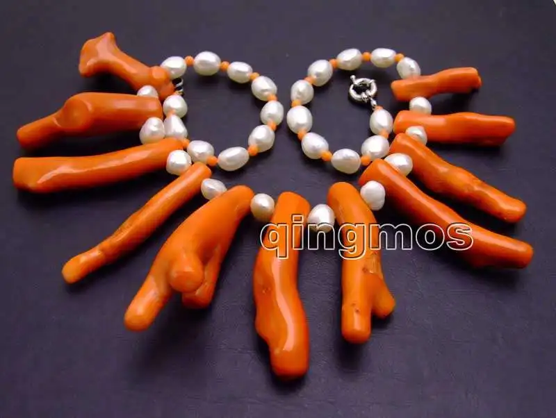 Big 8*70mm GENUINE Pink Branch shape Coral and 7-9mm White Baroque Pearl 18&quot Necklace-nec6163 Wholesale/retail Free shipping | Украшения