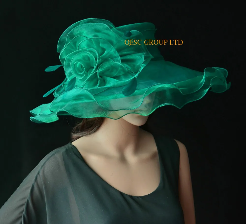 Новая темно зеленая шляпа с широкими полями из органзы официальная женская для
