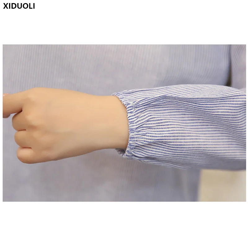 XIDUOLI 2018 весенне-осенняя сетчатая кружевная рубашка в полоску с круглым вырезом