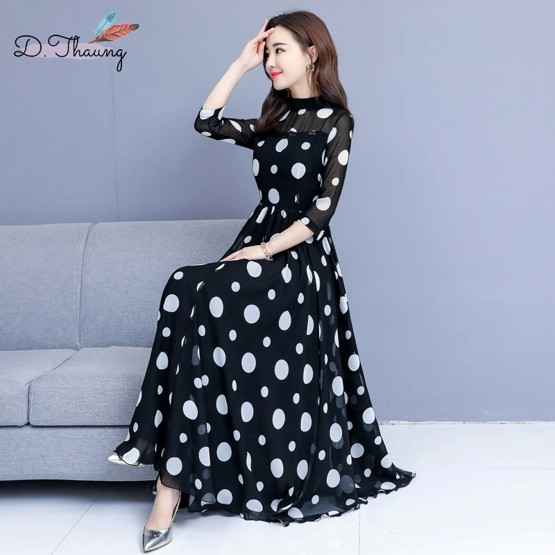 

Весна женское платье 2019 средней длины с принтом Для женщин шифоновое платье большой Размеры семь точка рукав Высокий воротник леди платье-п...