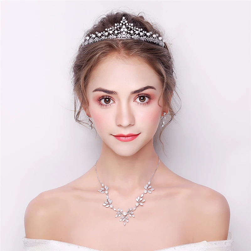 amupp New Cubic Zirconia Wedding Jewelry Sets Micro Paved Full CZ Zircon Brides Tiara Necklace and Earrings Set for Costume Prom | Украшения