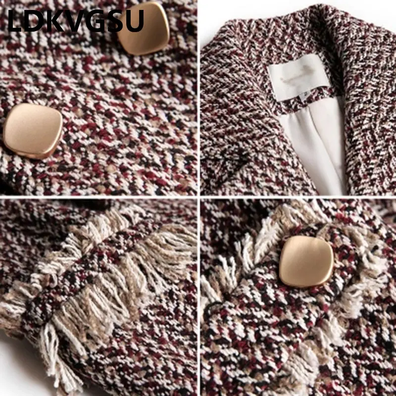 

Woolen Coat Female Houndstooth Long Section Korean 2018 Autumn Winter New Thicken Tassel Wool Coat Loose Plus Size R359