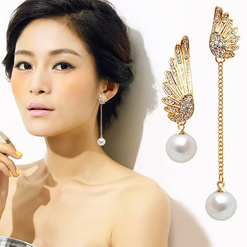 Популярные женские асимметричные серьги с крыльями ангела стразами и