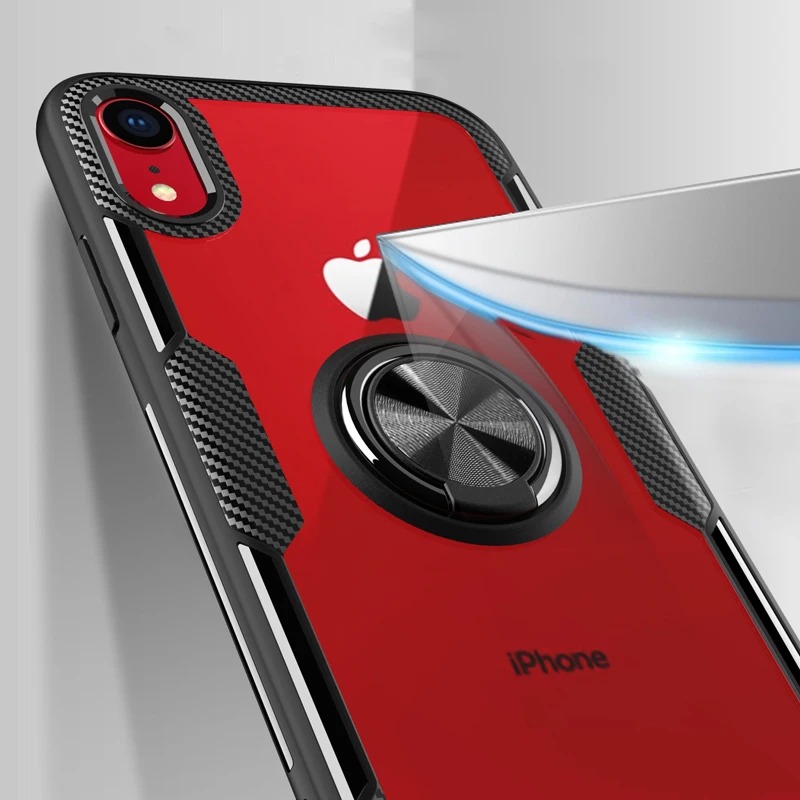 Для iPhone XR чехол Роскошный прозрачный PC + Углеволокно полная защита кольцо