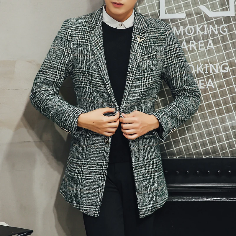 

Autumn Winter Men Long Wool Coat Classic stripe Plaid Woolen Blends Overcoat Single Business Boutique Man Trench Coats Jacket