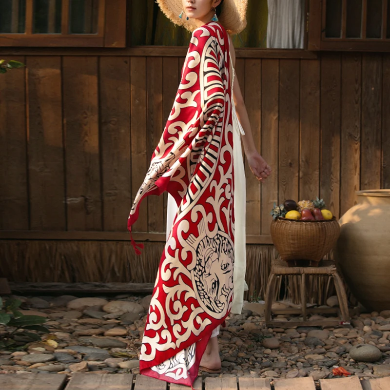 OMIKRON Новый женский летний богемный этнический красный принт кисточки шаль шарф