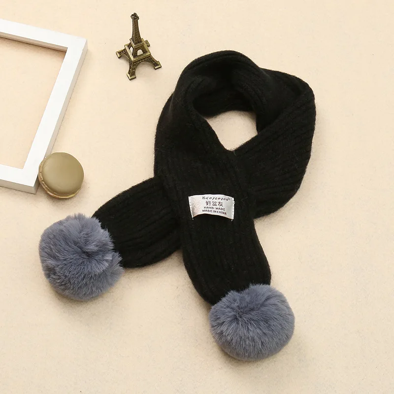 Black Scarf На весну и зиму милый детский шарф для девочек, для мальчиков шарфы детские вязаные кролик меховой воротник шарф с помпонами на шее теплый шарф - Цвет: Black Scarf