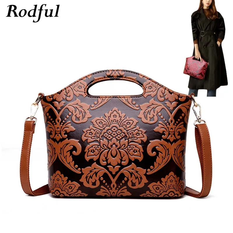 Rodful ретро цветочные сумка тисненая кожа для женщин Винтаж crossbody сумка Роскошные tote высокое качество