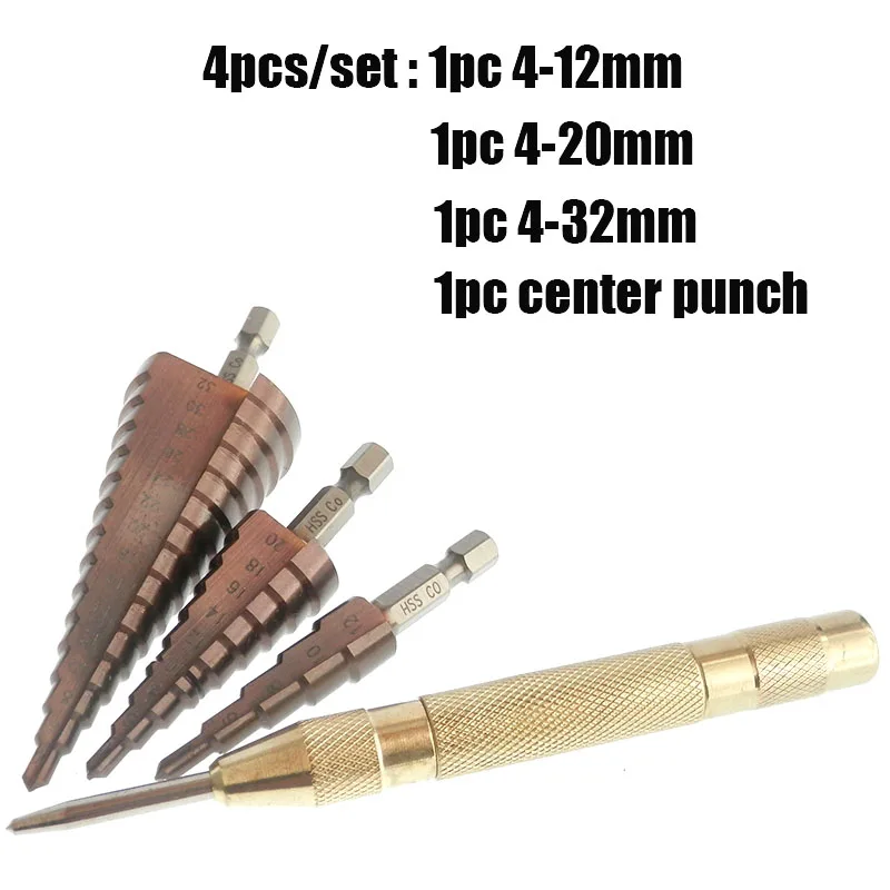 4pcs M35 HSS Шаг сверло Кобальт конус сверла на возраст от 4 до 12 лет/20/32 мм машина для обработки деревянных Нержавеющая сталь металла кольцевая пила инструмент набор шестигранным хвостовиком - Цвет: 4pcs