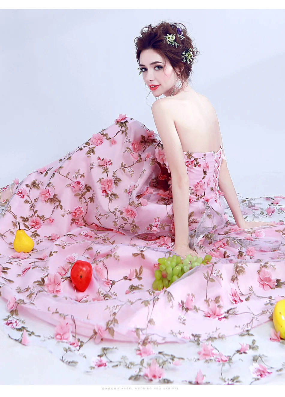 Женское длинное платье с цветами JaneVini розовое вечернее открытой спиной для