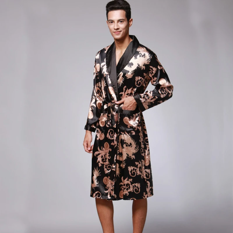 RB0127 Men Robe Soft Nightwear Satin Silk Sleepwear Male Dragon Print Bathrobe Long Sleeve Pijama V Neck Night Robe Brand Pyjama