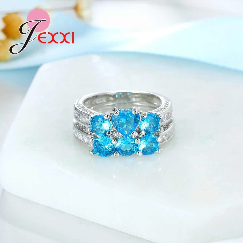 Модные 925 пробы серебряные синие свадебные кольца с кристаллами набор для женщин