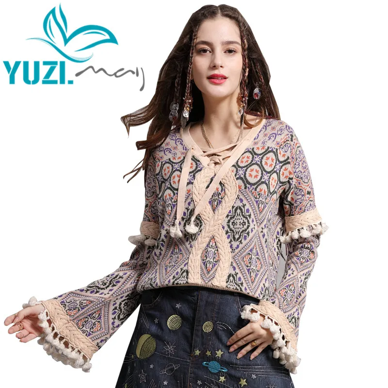 Sweater Female 2018 Yuzi.may Boho New Cotton Wool Pullover V-Neck Flare Sleeve Tassels Floral Patchwork Christmas Sweaters B9273 | Женская