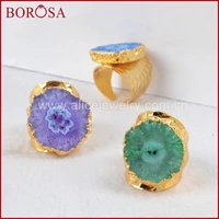 borosa 5pcs gold color rainbow flower solar quartz band ring natural crystal druzy geode gems ring for women g0308