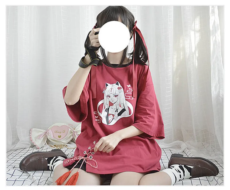 Harajuku, длинная футболка для женщин, свободные топы, кавайный принт, Одежда для танцев, женские японские топы, летняя футболка с рисунком, уличная одежда для девочек