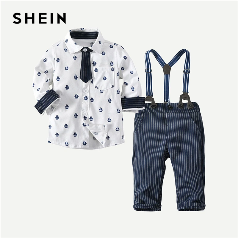 SHEIN/консервативная рубашка с принтом для маленьких мальчиков; комбинезон в полоску; комплект из двух предметов; коллекция года; Весенняя детская одежда с длинными рукавами на пуговицах для мальчиков