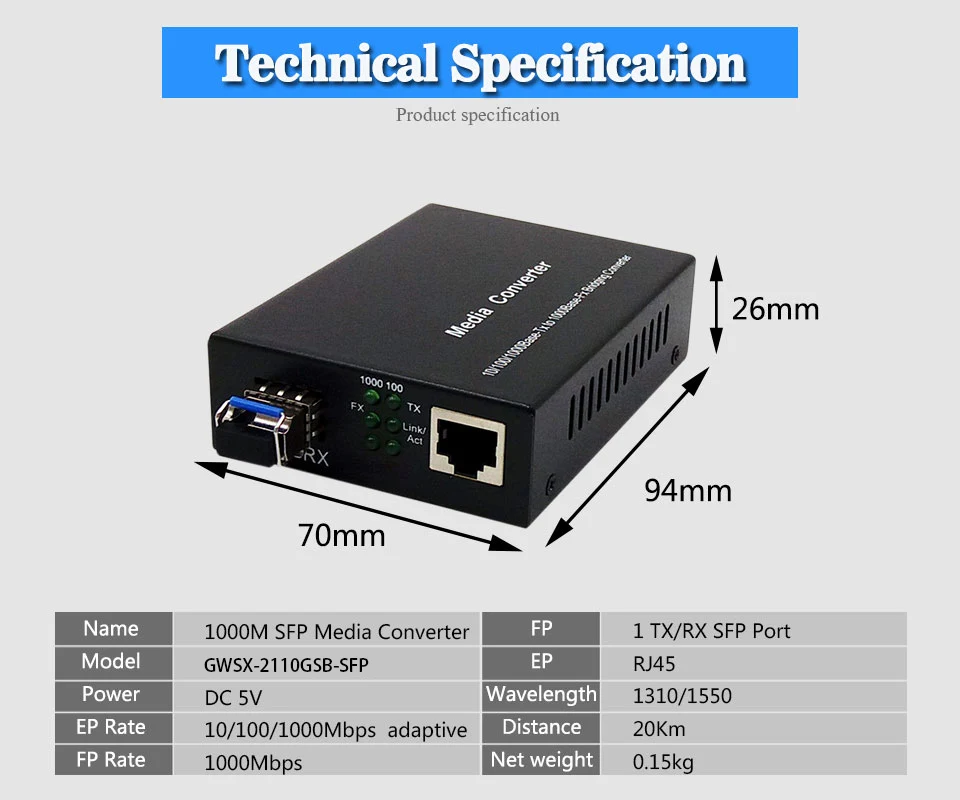 10/100/1000 м волоконно-оптический медиаконвертер 1 порт sfp до 1 rj45 ГБ, Оптический ethernet для ip-камеры