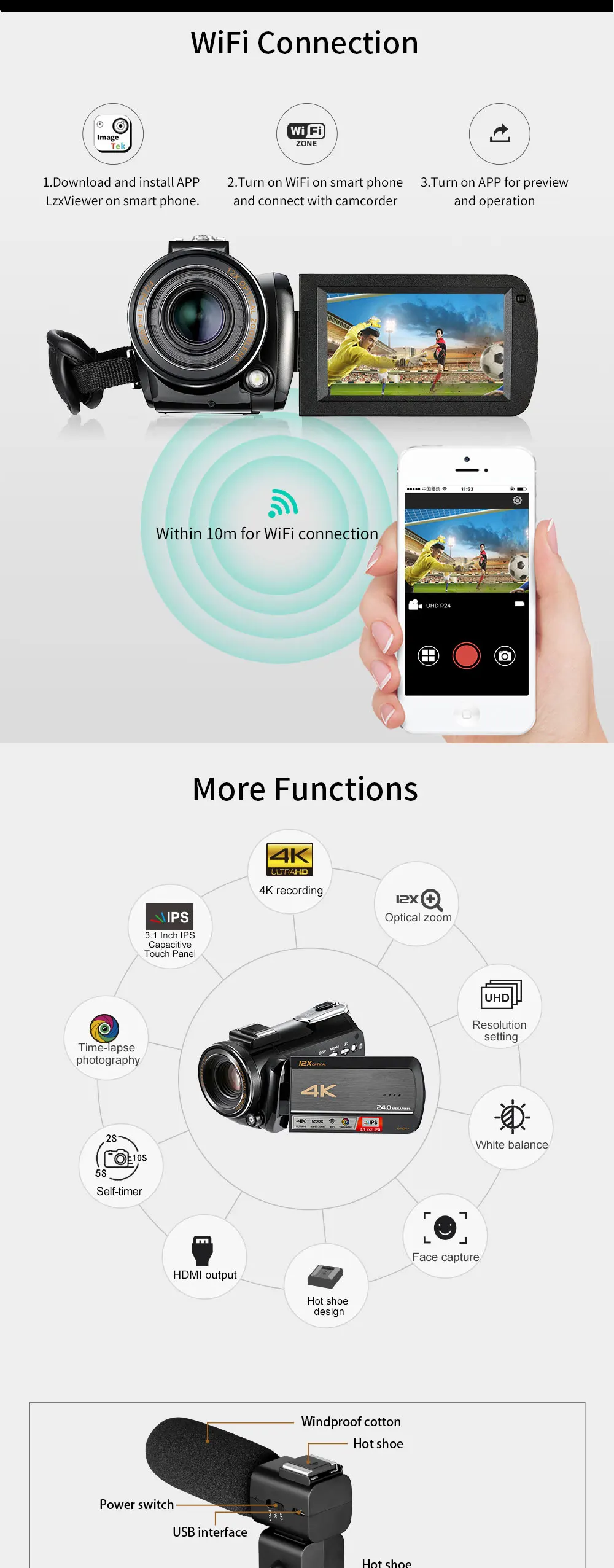 Winait UHD 4 к 3840*2160(24fps) дар Wi Fi Цифровая видеокамера с 3,0 ''с сенсорным экраном TFT и 12x оптический Цифровая видеокамера
