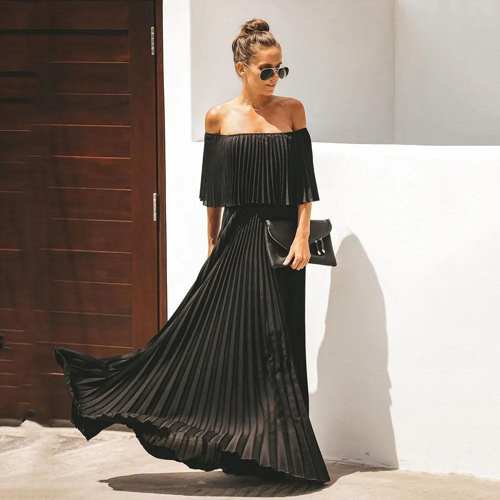 Женское длинное плиссированное платье с открытыми плечами однотонное макси