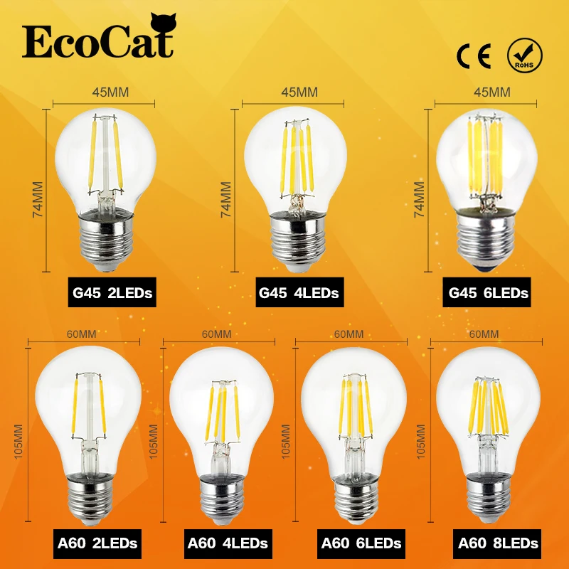 Светодиодная лампа Эдисона E27 220V A60 G45 G80 G95 240V антикварная ретро винтажная 2W 4W 6W 8W