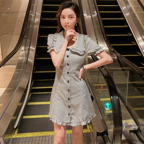 2019 New Summer Korean Brief Plaid Dress Chic Peter Pan Collar Casual Fashion Elegant Single Breasted Dresses | Женская одежда