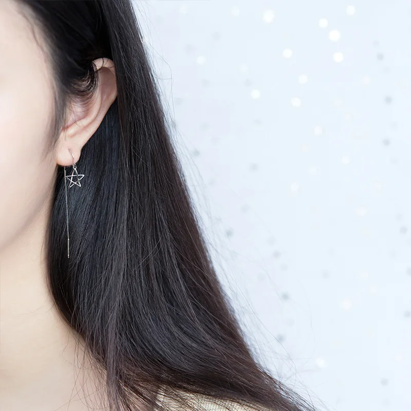 Real. 925 Sterling Silver jewelry Open Hollow Star Threader dangle Earrings long Handmade GTLE1527 | Украшения и аксессуары