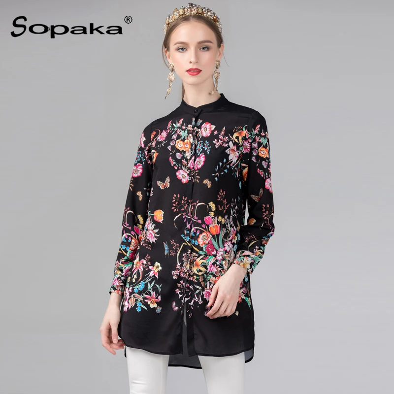 Большие Размеры M XXXL длинные женские рубашки 2019 Весна черный с цветочным принтом