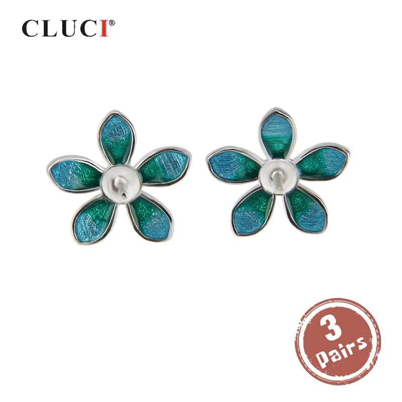 

CLUCI 3 pair Silver 925 Blue Clover Earrings for Women Pearl Earrings Mounting 925 Sterling Silver Stud Earrings SE050SB